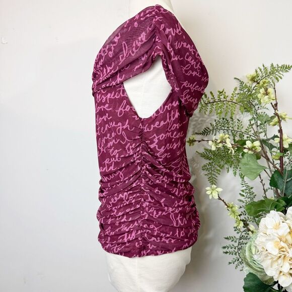 Maeve Off-The-Shoulder Ruched Mesh Script Top Burgundy Pink Medium Anthropologie - Picture 5 of 11